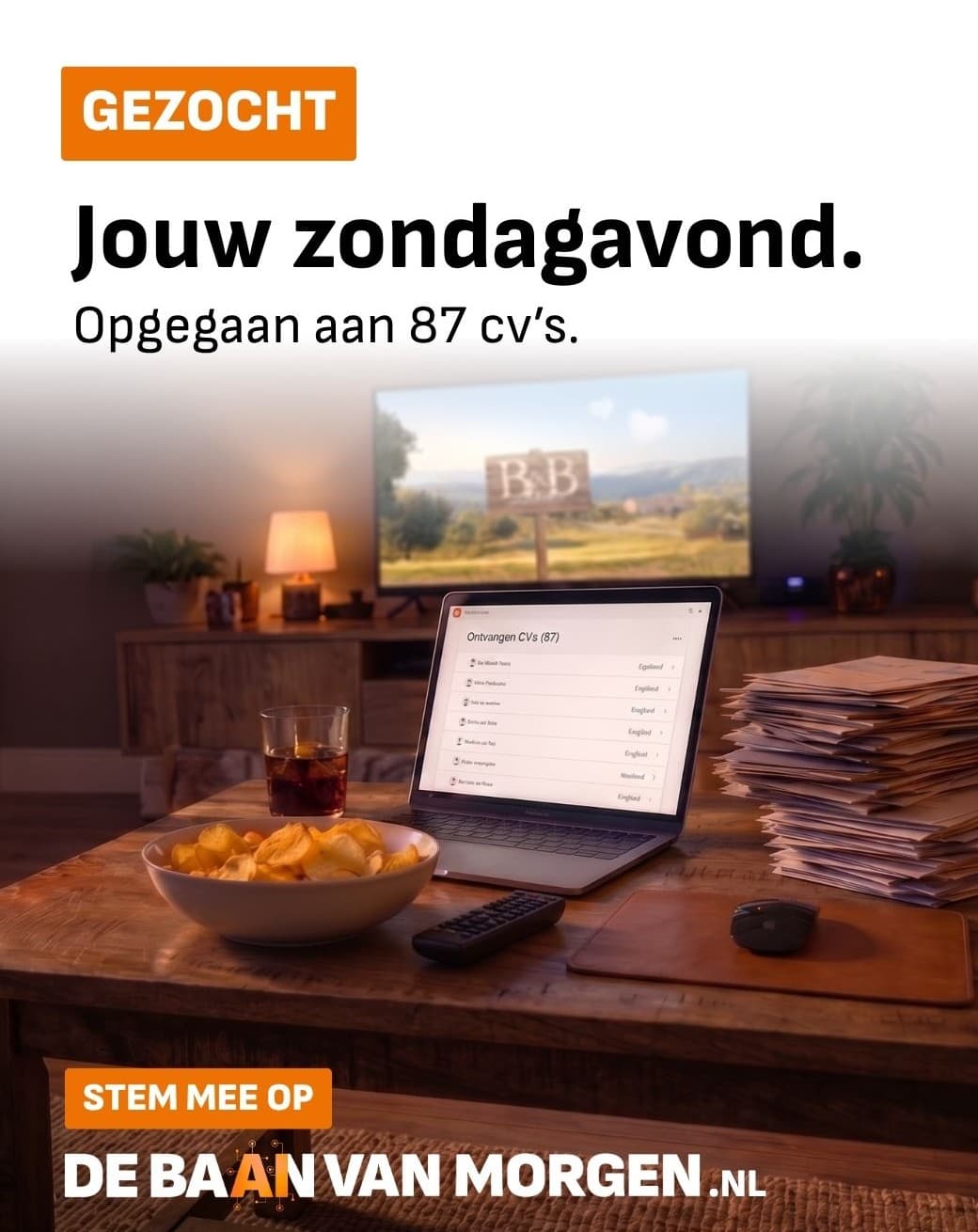 Campagnebeeld: gezocht — jouw zondagavond, opgegaan aan 87 cv's.
